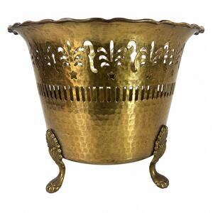 Vintage Solid Brass Planter Cachepot Jardiniere Pierced Footed Made In India